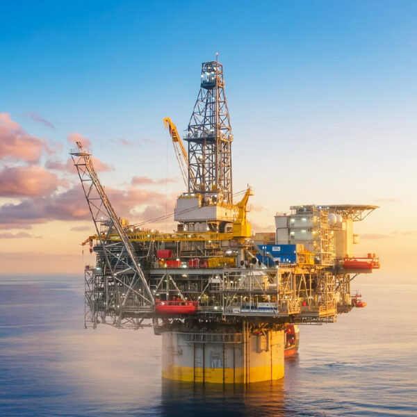 A fixed offshore platform is shown in the Gulf waters.